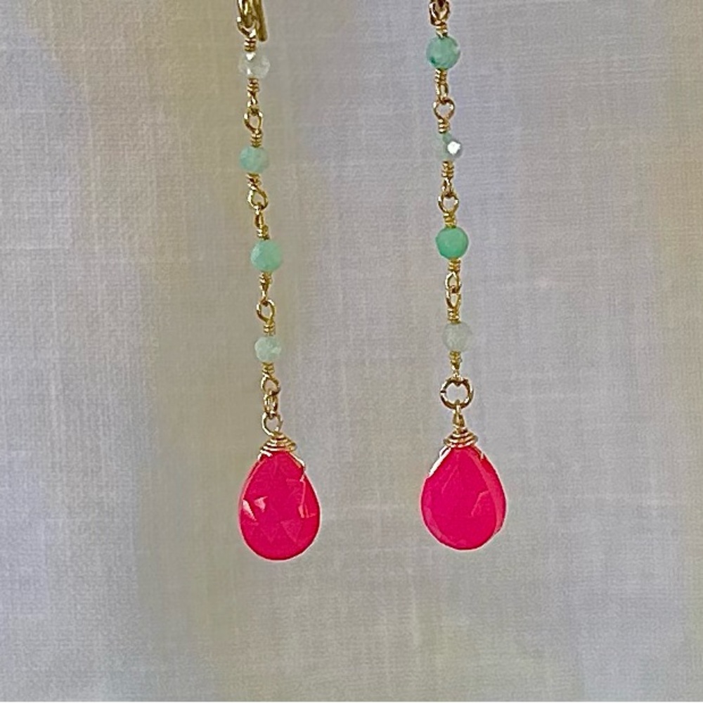 Handmade hot pink chalcedony drop earrings. Gold & larimar fine chain. 2” long.